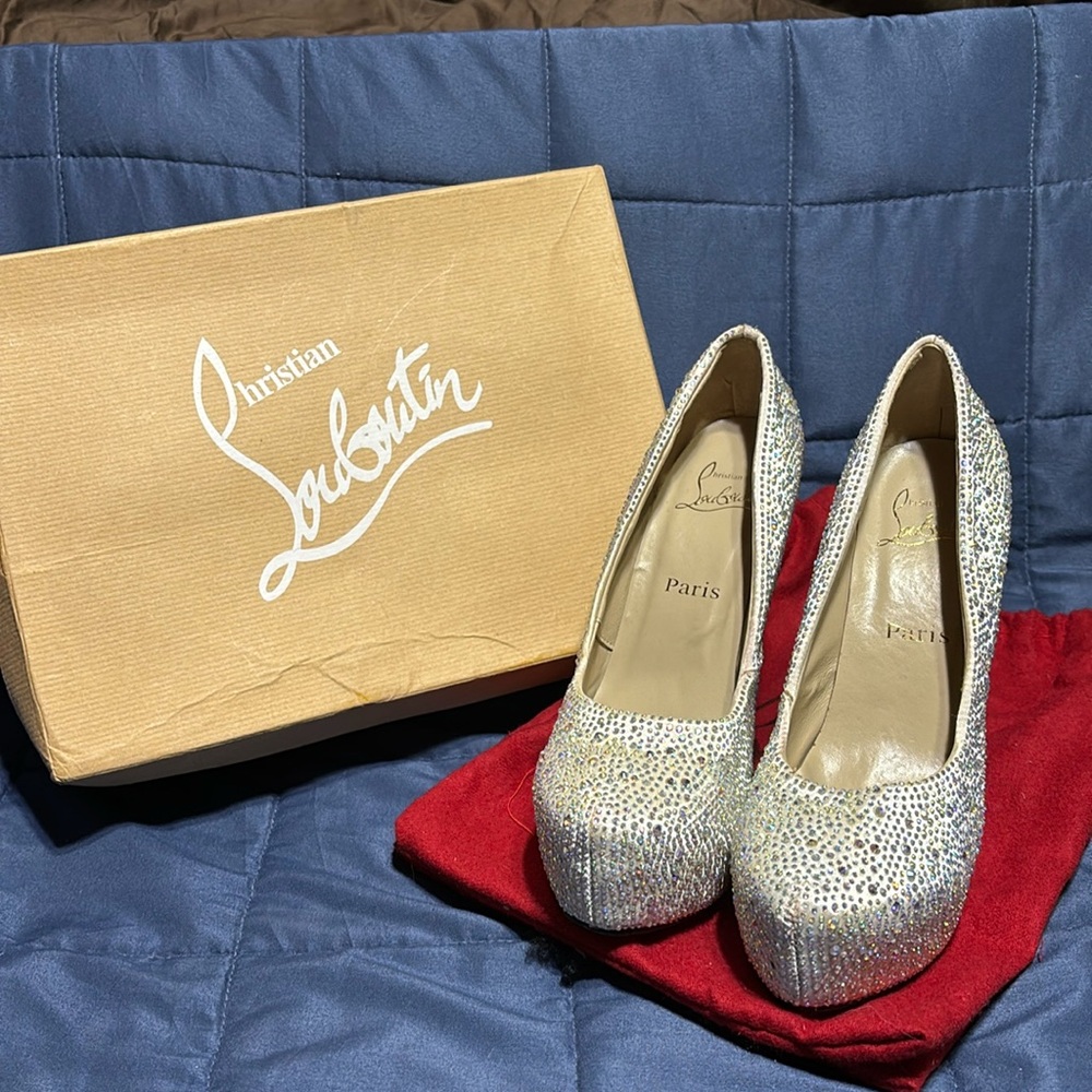 Christian Louboutin Pink/Silver Crystal Embellished Suede Daffodile Platform